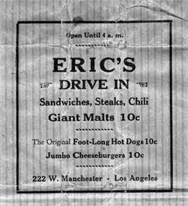 Eric's take out bags reminded customers to hurry back for a hot dog and a malt